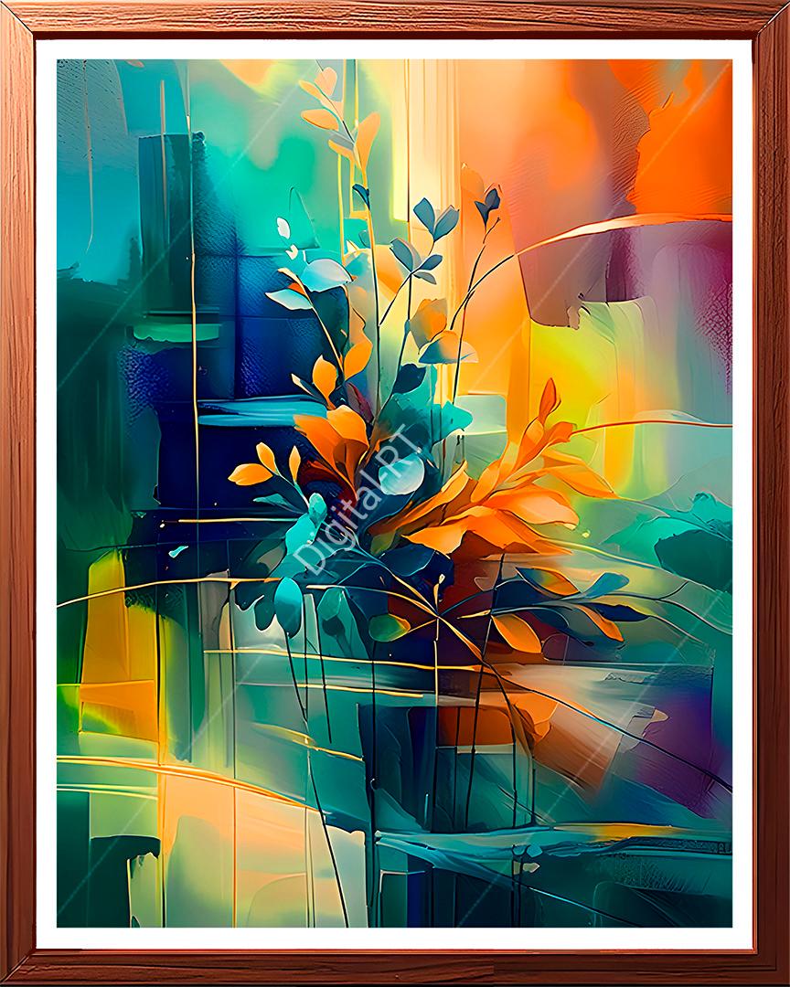 The artwork masterfully compares the tender, delicate nature of a flowery plant with a rugged, fragmented background.