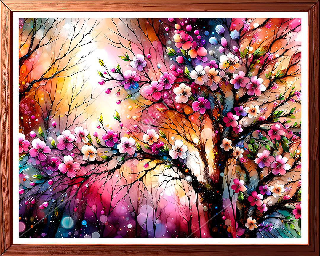 This painting shows beautiful Cherry Blossom cultivars in full bloom.