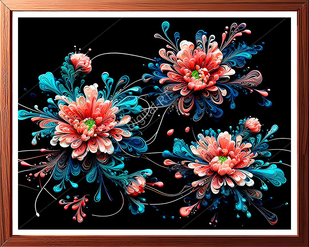 This painting features abstract pink flowers that exude energy and exuberance.