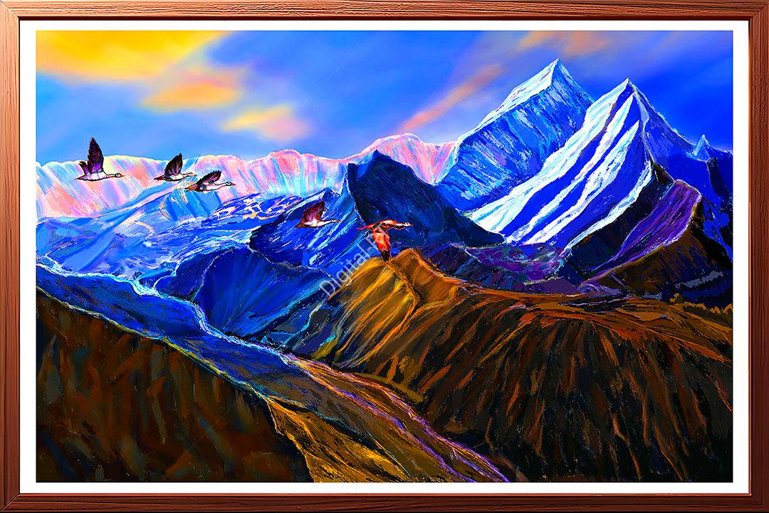 himalayan rangers, geese birds flying over mountains painting