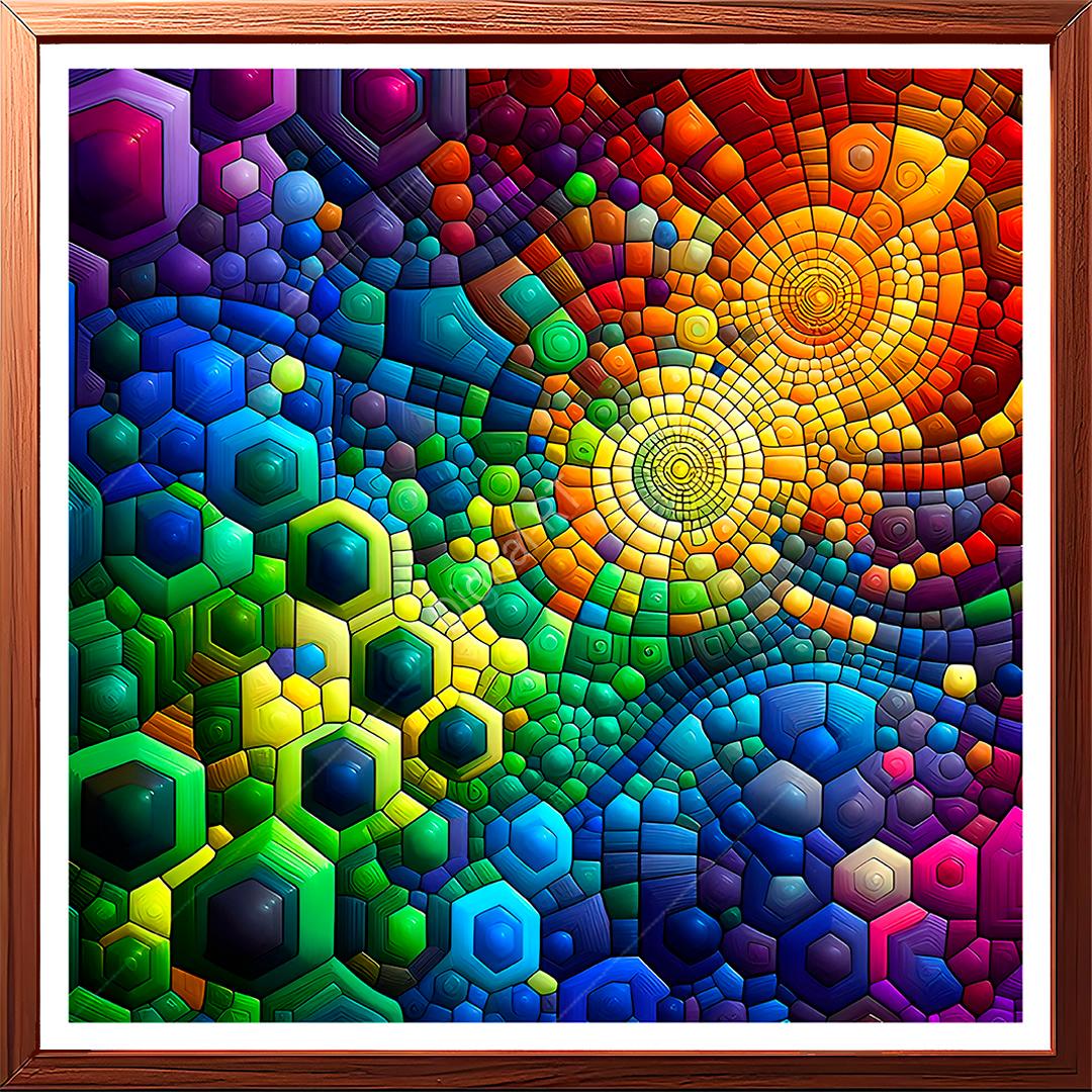 This abstract geometric painting captivates with its vibrant spectrum of colors and intricate 3D effect